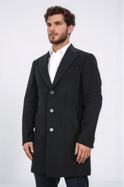 üç düğmeli mono yaka yün ve kaşmir karışımlı siyah kaban